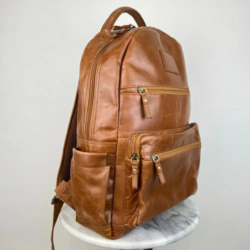 Genuine Leather Laptop Travel Backpack with Trolley Strap for Suitcase